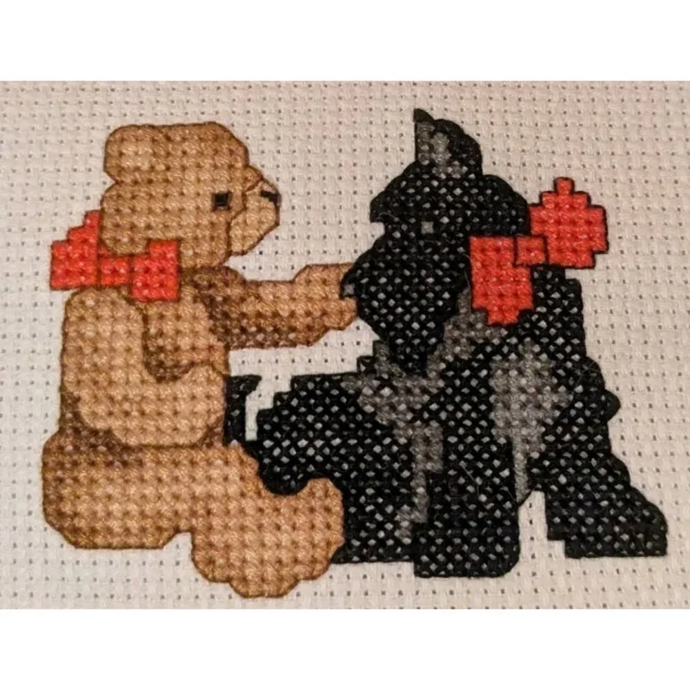Handmade Pillow Scottie Dog Cross Stitch Bear Friend Throw Accent GrannyCore Vtg